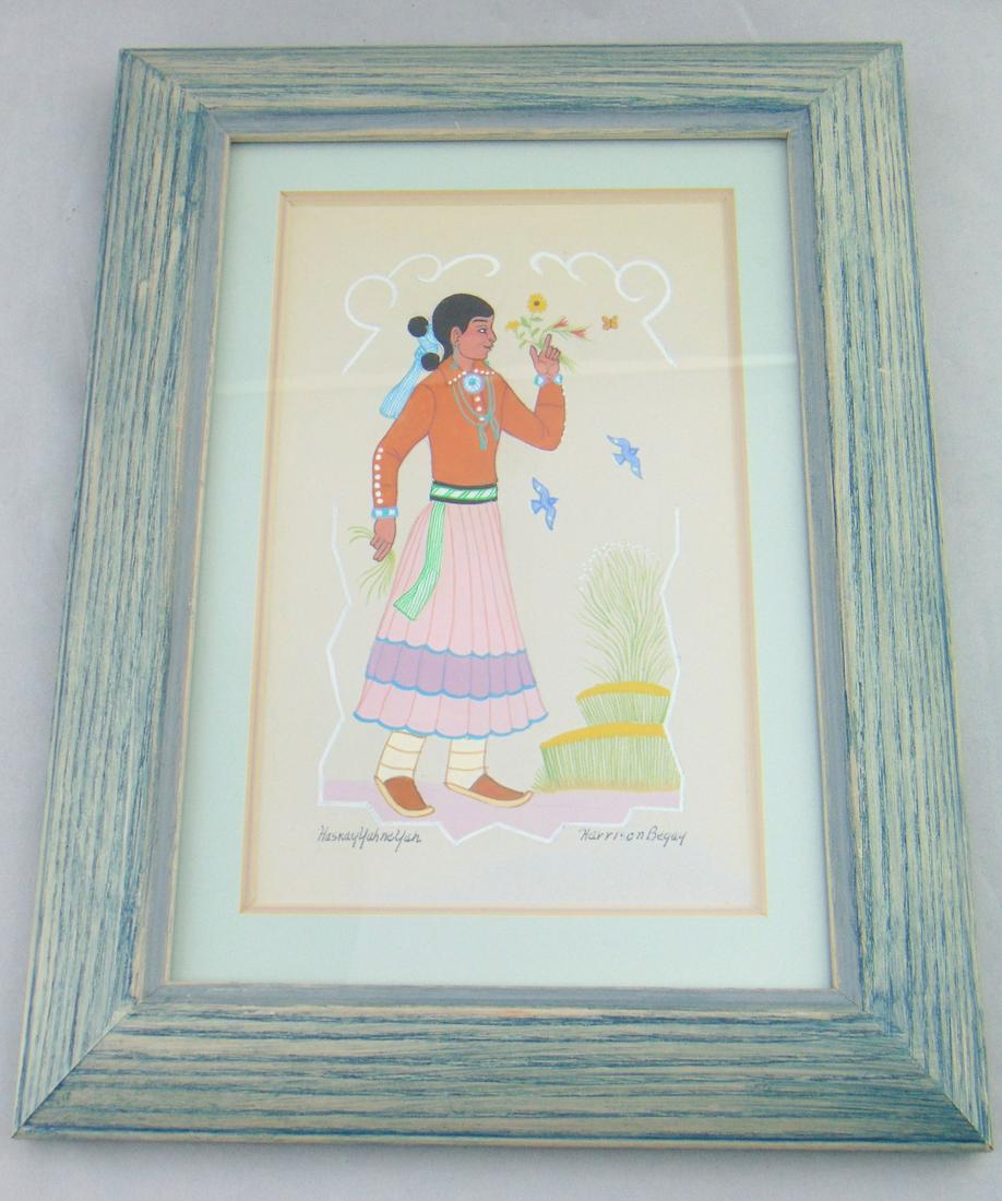 Harrison Begay water color: Framed water color of a young girl titled Haskay Yah ne Yah signed lower right Harrison Begay, 5" wide by 8" ht. overall with frame 12" ht. Provenance: bought at Skinners June 1992 to current consigne