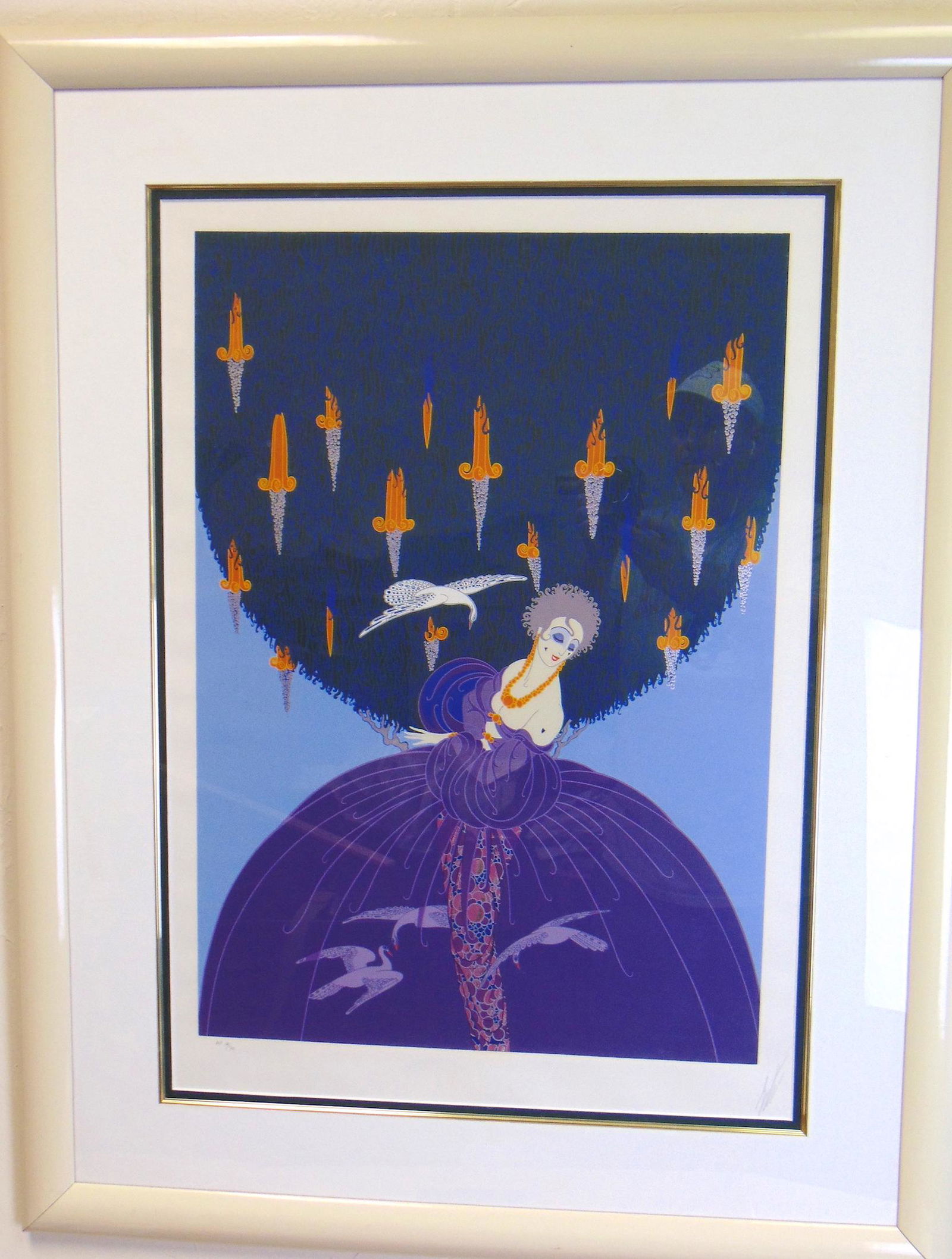 Erte artist proof signed Serigraph: Whimsical lady with flying swans and flames, artist proof number 10/90 and signed in pencil on the lower right, 28 by 20 overall 38" ht. Condition: good with no defects found.