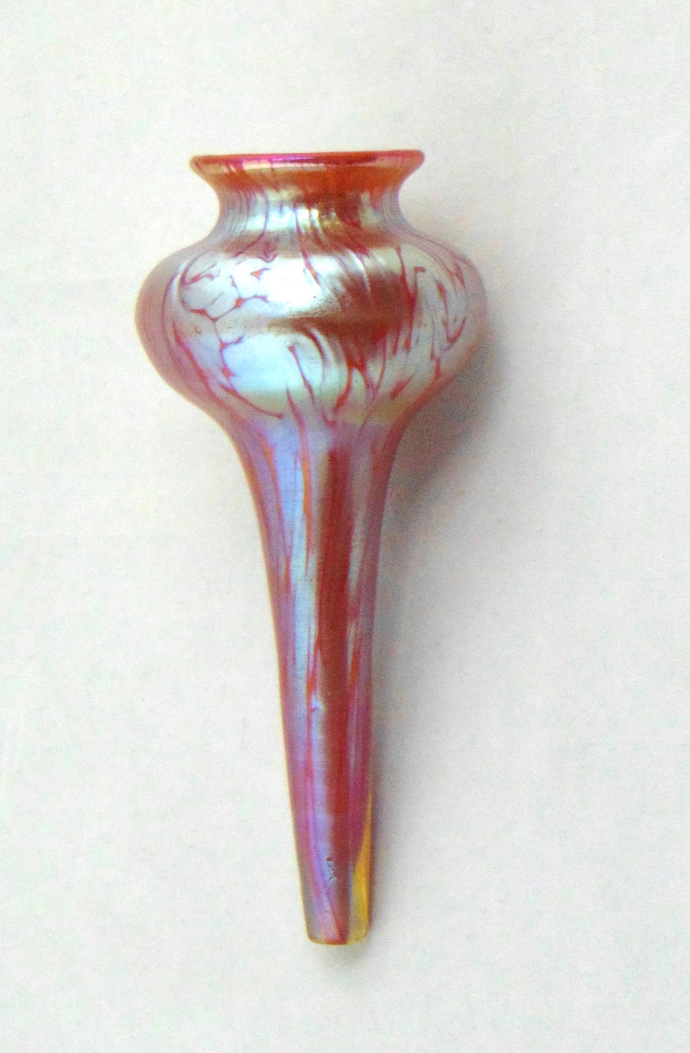 Loetz iridescent flower form insert: Crimson flower form insert with a gold oil spot finish, 6 1/4" ht. Condition: good with no defects found.