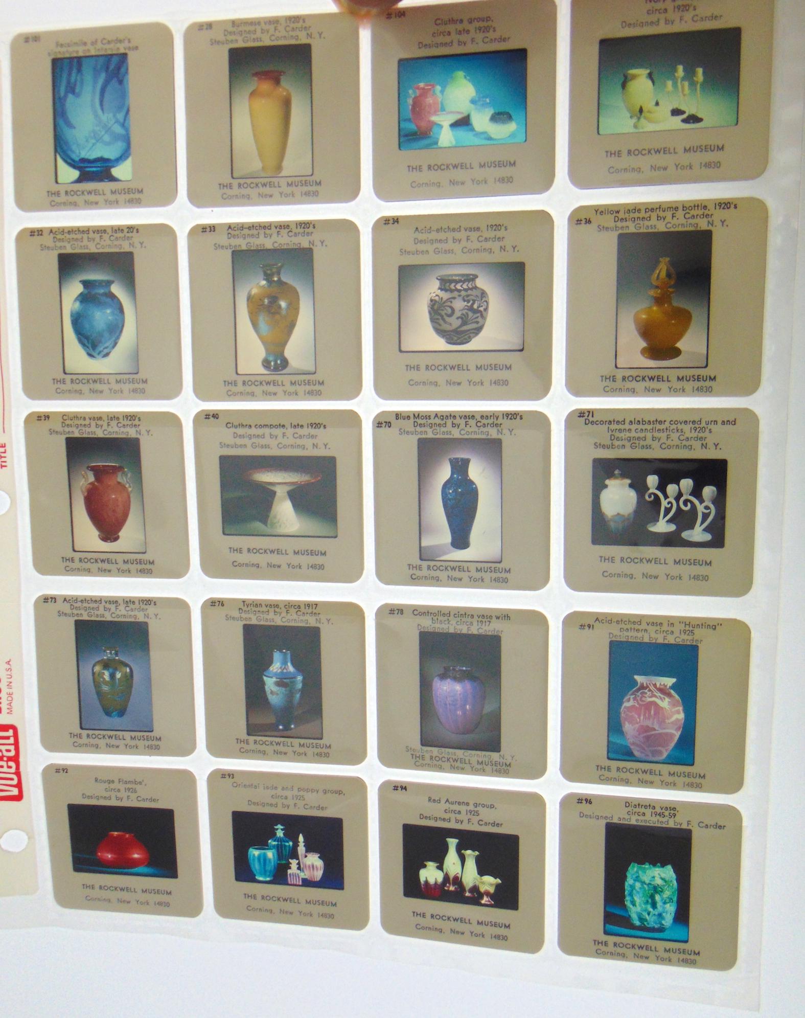 27 Steuben glass slides: 24 slides of Steuben glass from the Rockwell Museum, Corning New York. Condition: good with no defects found