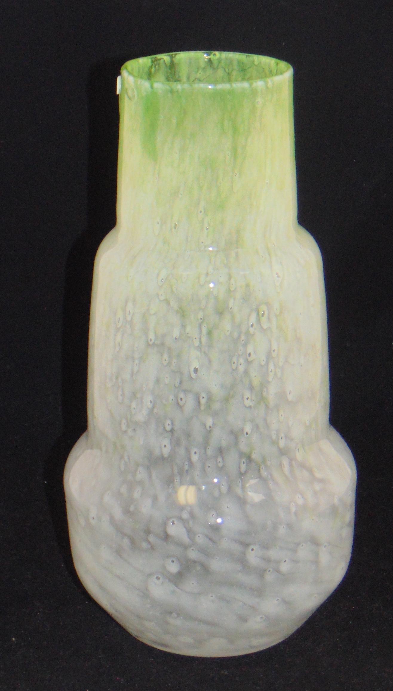 Steuben Cluthra glass vase: Art Deco cylindrical form in white shading to green, triple tier form, 12 1/2" ht. Condition: good with no defects found.