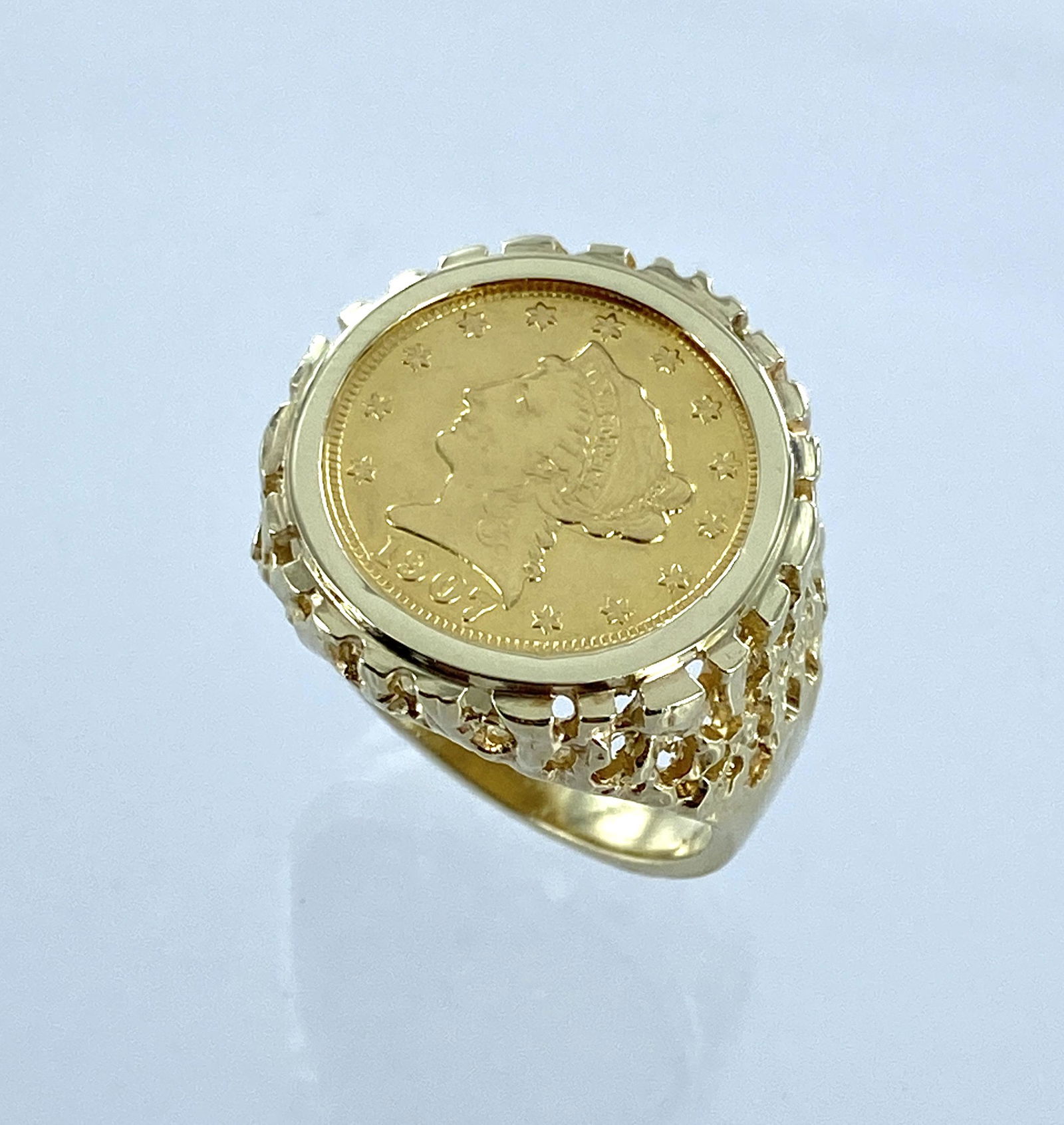 14K Yellow Gold Vintage 1/10oz Liberty Coin Ring – David's Antiques &  Jewelry