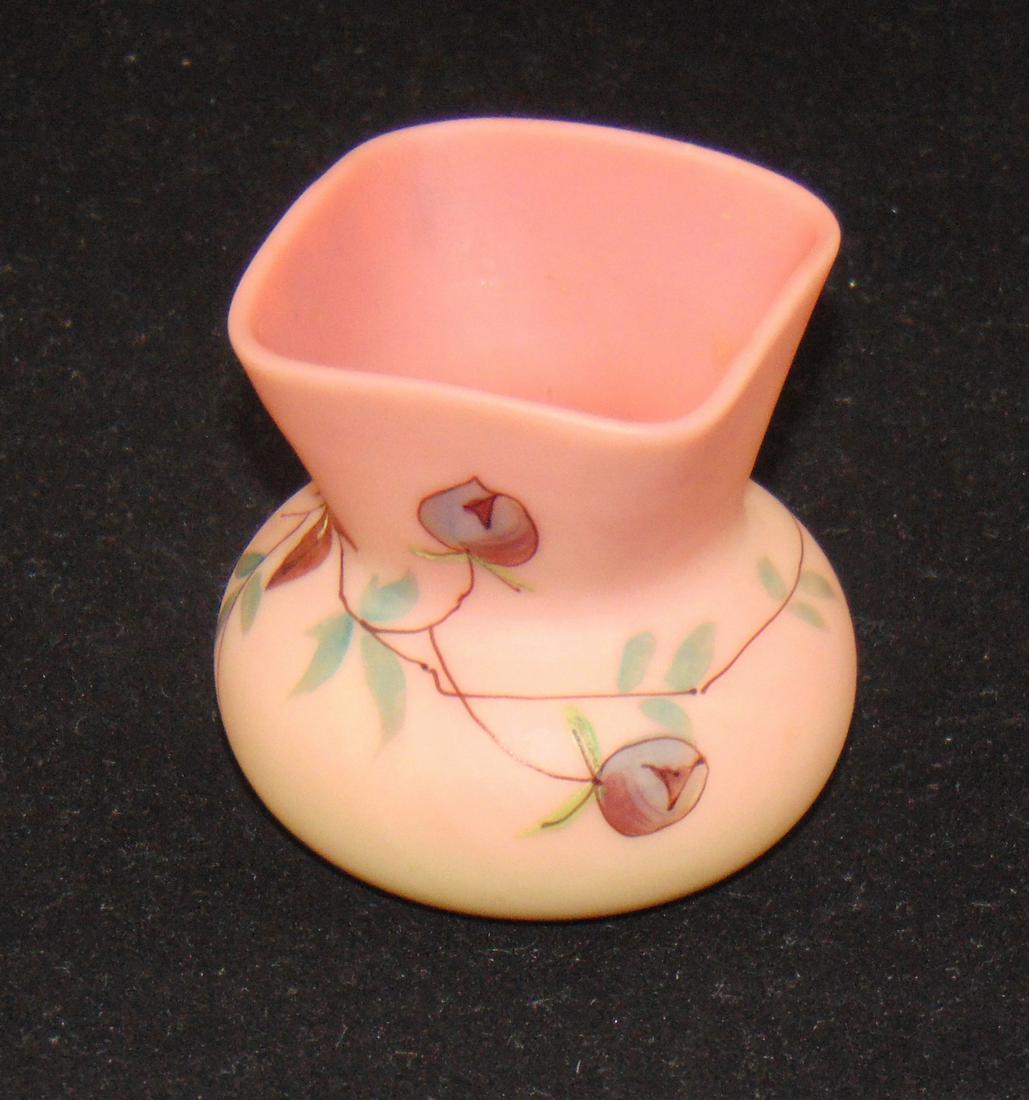 Webb Burmese glass toothpick: Bulbous square mouth form decorated with the Hawthorn pattern, 2 1/2" ht. Condition: good with no defects found