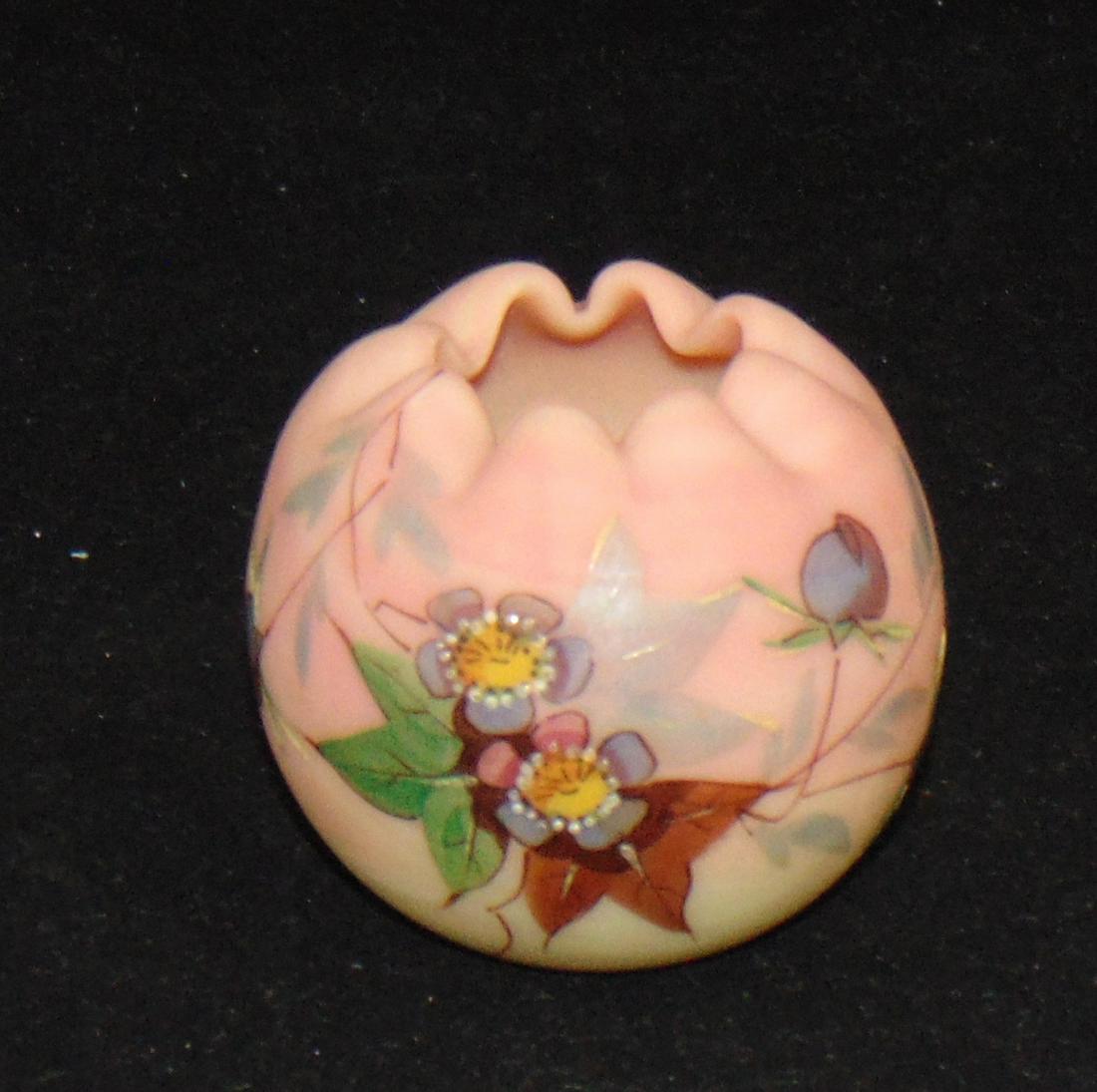 Webb Burmese decorated rose bowl: Ovoid form in amber to rose decorated with the Hawthorn pattern, 2 1/2" ht. Condition: good with no defects found
