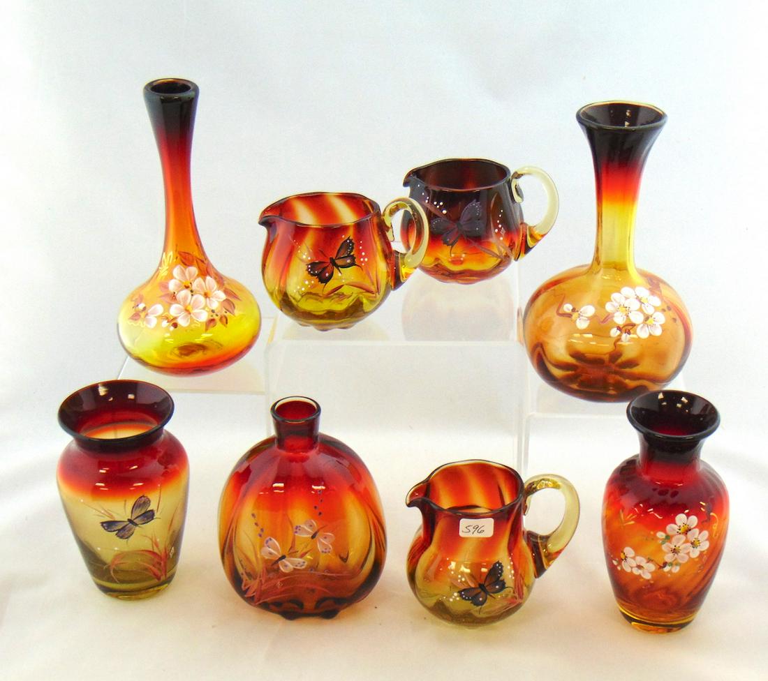 8 Pairpoint decorated Amberina items: Including three pitchers with butterfly decors together with five vases with flowers, tallest 7" ht. PROVENANCE: Fred Rindge collection Earlys Auction to the Black collection. Condition: good with no 