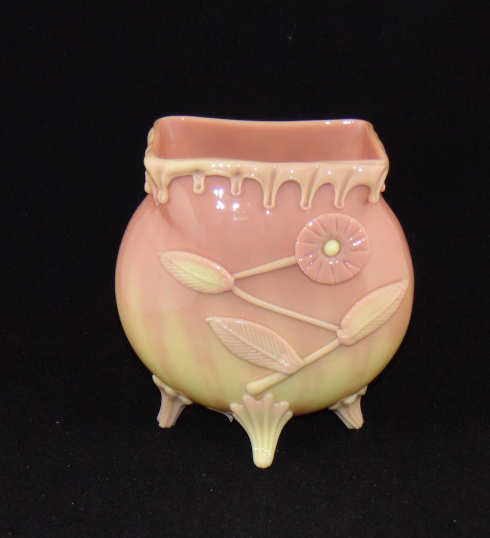 RARE Mt Washington Burmese Applied Footed Vase: Magnificent Mt. Washington Burmese footed vase adorned with leaf and flower Mat-su-no-kee and a driped rigaree rim set on four feet with a raspberry prunt pontil, 8" ht. PROVENANCE: Earlys Auction to 