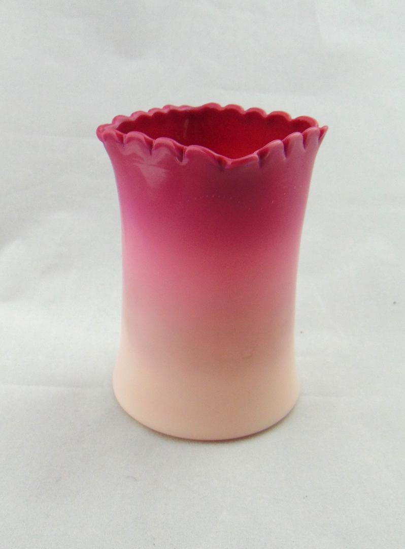 New England Peachblow spooner Vase: Cylindrical form Wild Rose spooner with a tight crimped rim, 4 1/2" ht. Condition: good with no defects found.