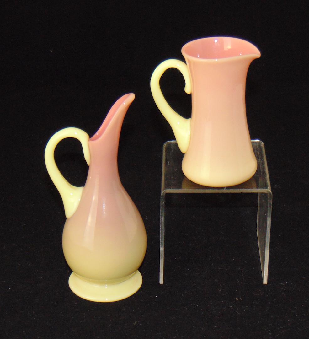 Two Mt Washington Burmese Pitchers: Two Glossy finish Mt. Washington Burmese cream pitchers, tallest 5 1/2" ht. Condition: good with no defects found.