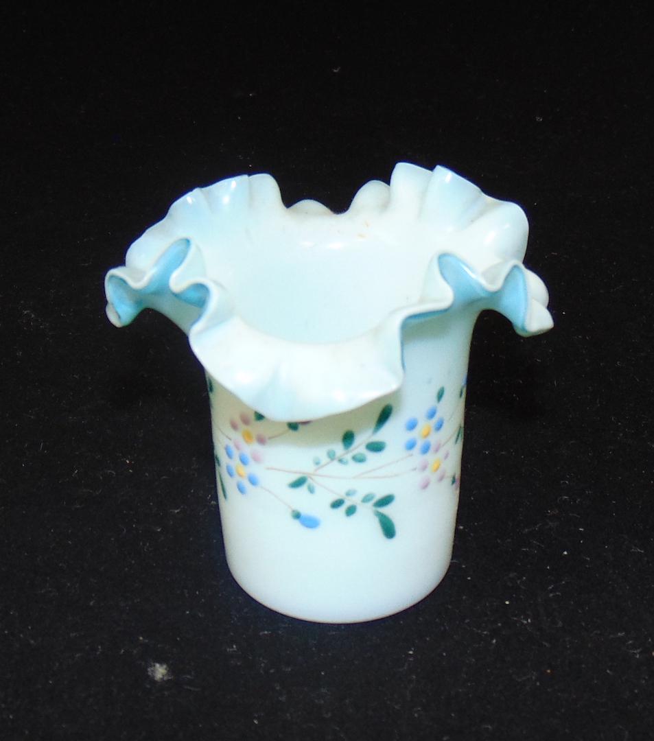 Blue satin glass toothpick: Hat form ruffled rim blue satin glass toothpick with enameled daisies, 2 3/4" ht. Condition: good with no defects found.
