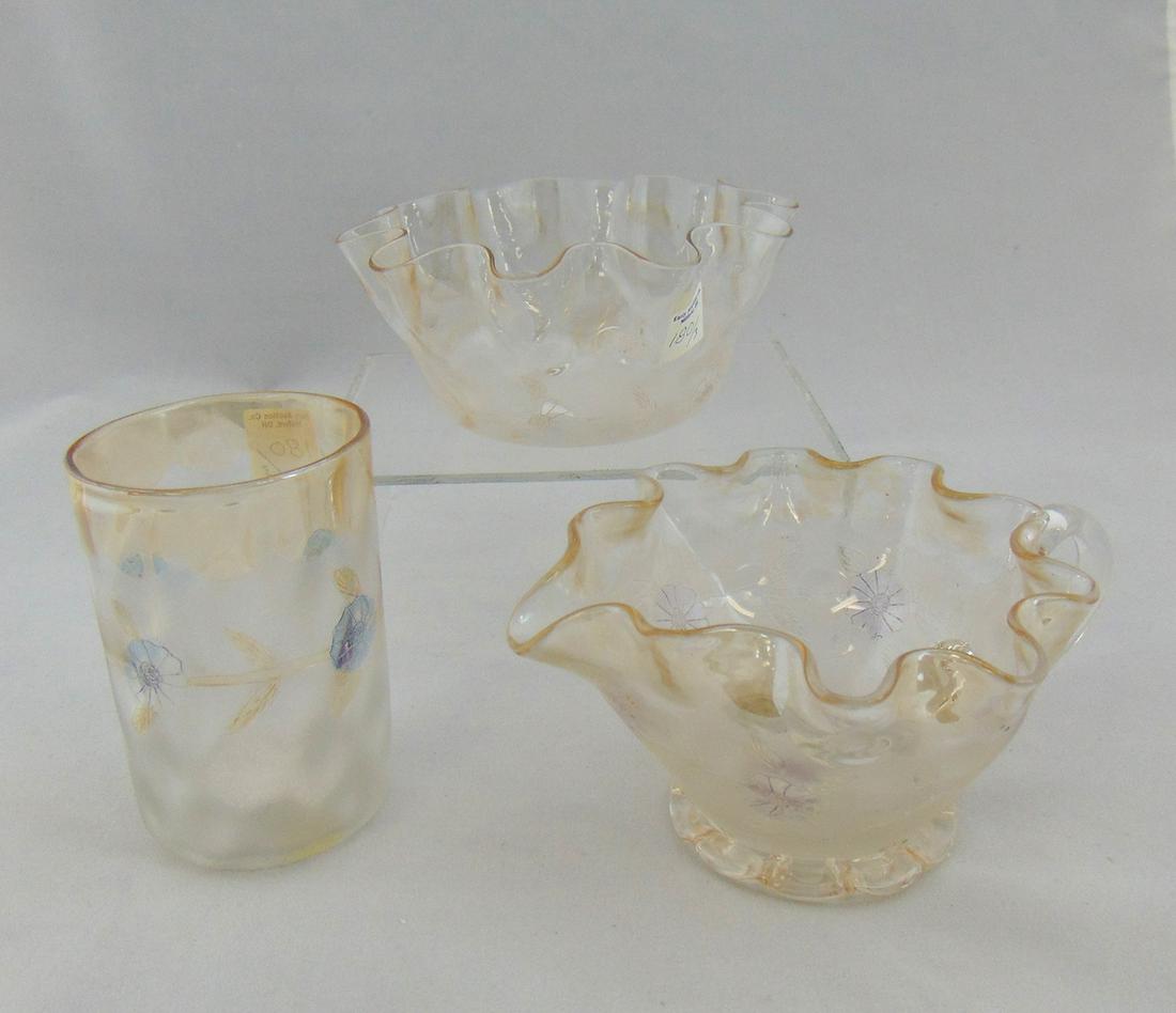 Three New England Pomona glass items: Including a cream pitcher, tumbler and finger bowl all in the corn flower pattern, tallest 3 3/4" ht. PROVENANCE: Earlys Auction to the Black Collection Condition: good with no defects found.