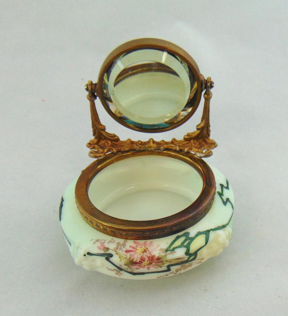 C. F. Monroe pin tray and mirror: Signed Wave Crest pin tray with a faceted swing mirror, signed Wave Crest, 4 1/2" ht. Condition: internal chips to the mirror, see picture.