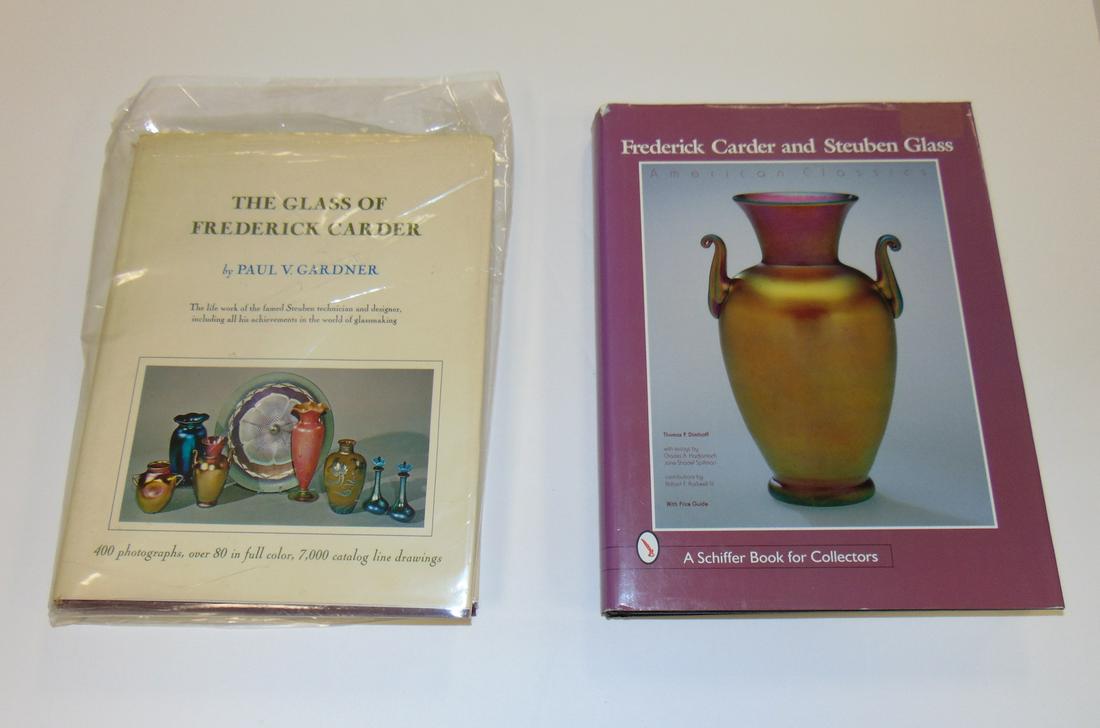 Two Books on Carder Steuben: Including "The Glass of Frederick Carder" by Gardner hardback 373 pages, together with "Frederick Carder and Steuben Glass" by Dimitroff Condition: Dimitroff book good with minor wear, Garner book wit