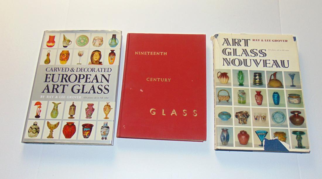 3 Books on Art Nouveau/Victorian glass: Including 19th century glass by Revi, hardback 269 pages. Together with "Art Glass Nouveau" and "Carved and Decorated European Art Glass" by Grover both hardback. Condition: good with dust jacket wear