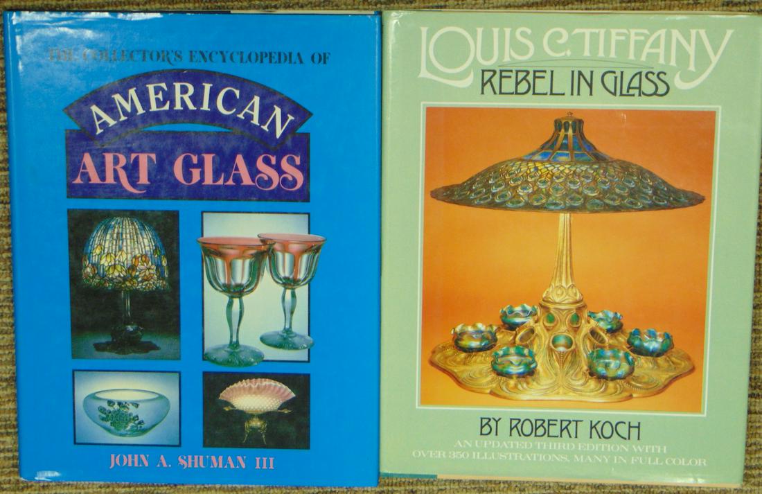 Two books on art glass: Including "The collectors Encyclopedia of American Art Glass" by Shuman hardback 336 pages. Together with "Louis C. Tiffany Rebel in Glass" by Koch hardback 243 pages. Condition: minor dust jacket wea