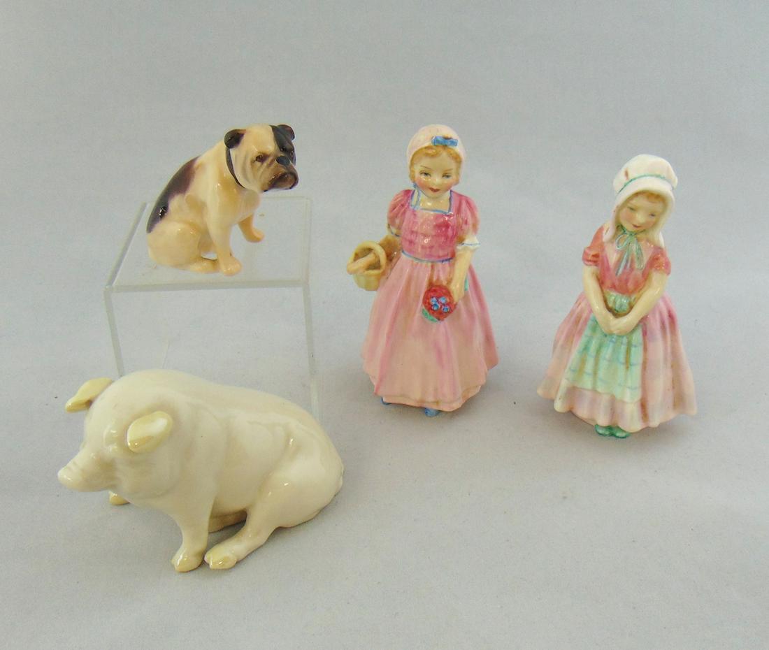 Four Porcelain figurines: Including two Royal Doulton girls "Tinker Bell" and "Toothless" a Royal Doulton dog and a Belleek green mark pig, tallest 4 1/2" ht. Condition: good with no defects found.
