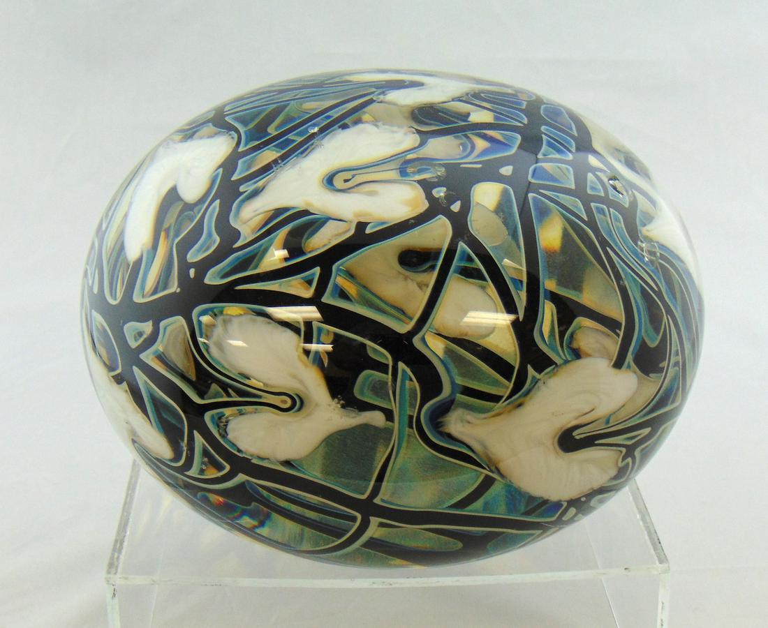 John Lotton Magnum paperweight: Large John Lotton double wall paperweight in translucent glass with internal aventurine decorated with white heart and vines on blue random branches, signed John Lotton 1988, 6 1/2" wide. Condition: m
