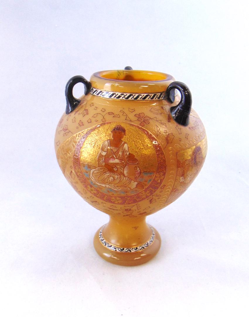 Burgun Schverer Cameo glass vase: Urn form with three side handles decorated with the mythological scene after the drawing by Walter Crane "Echoes of Hellas", Signed with the Cross and thistle factory backstamp Verrerie D'Art De Lorra