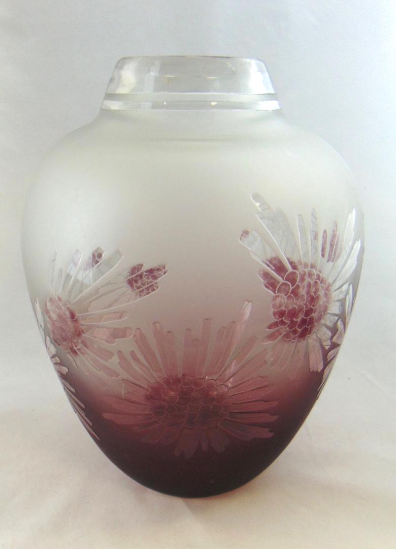Massive Charder cameo glass vase: Le Verre Francais Charder ovoid glass vase in purple to frost decorated with large cameo flowers, 13 1/2" ht. Condition: good, with some scratches