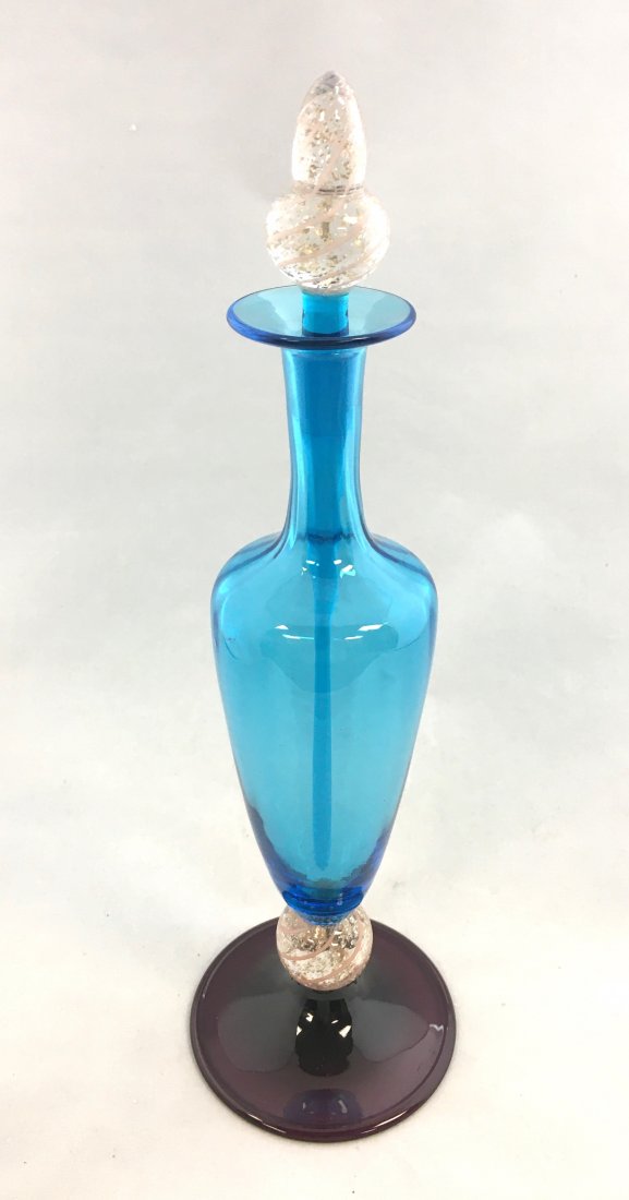 Rare Steuben large glass perfume: Celeste Blue cologne ,shape number 6048, with an amethyst foot and a striped Cintra ball standard and stopper, 12 1/2" ht. Condition: good with no defects found.
