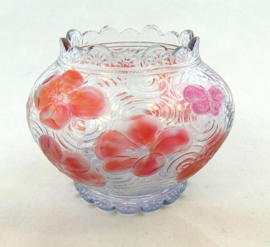 Rare Tiffany glass vase: Ovoid crystal bowl with a cameo swirl background infused with red butterflies and flowers, signed Tiffany and Co. Paris Exhibition Thomas Webb and Sons, 3 1/2" ht. Condition: good with no defects foun