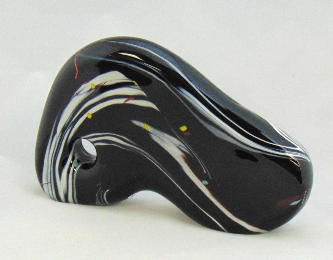 Leon Applebaum Free form sculpture: Kidney shape sculpture in cobalt black glass with colored spatter, signed Leon Applebaum, 8" ht. Condition: good with no defects found.
