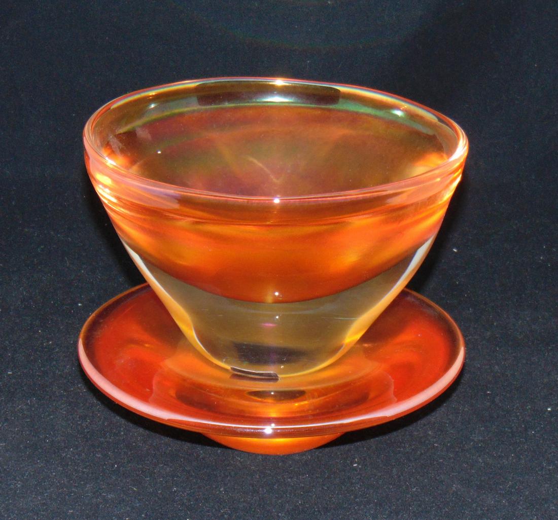 Custom made David Lotton glass set: Including a large orange plate with a matching heavy glass bowl, signed for Roger Klapp David Lotton 2002, 6 3/4" ht. Condition: good with no defects found.