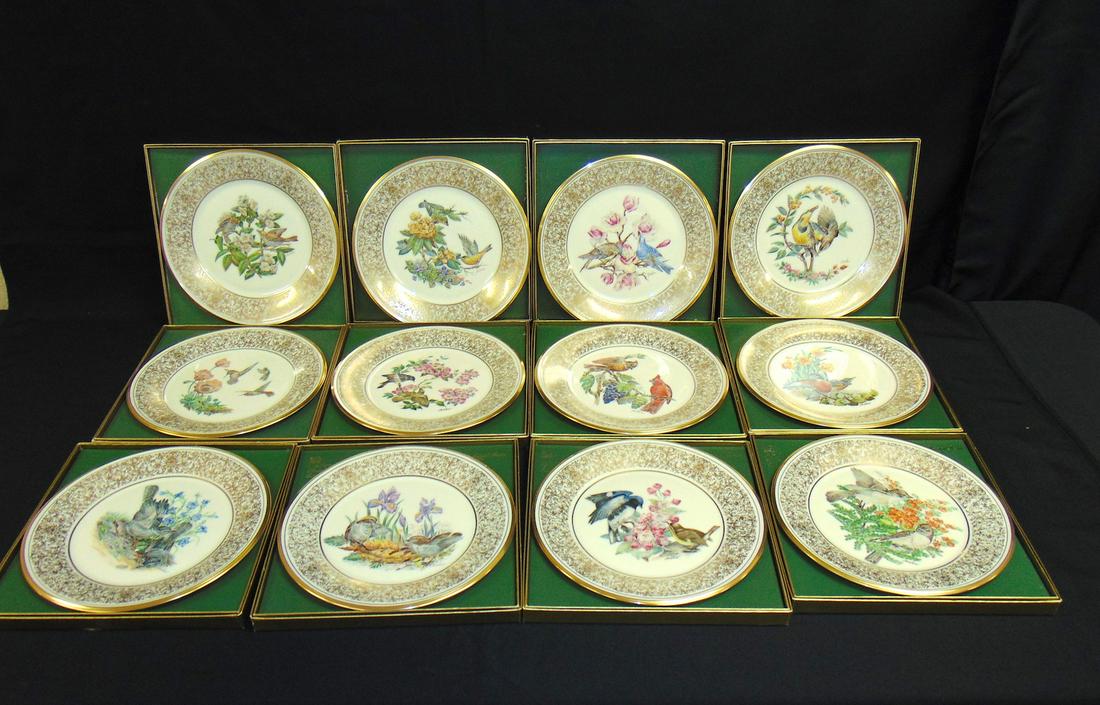 Group of Lenox Boehm plates: 12 Boehm bird plates by Lenox for the years 1970-1981, each with gift box, 10 1/2" wide. Condition: good with no defects found.