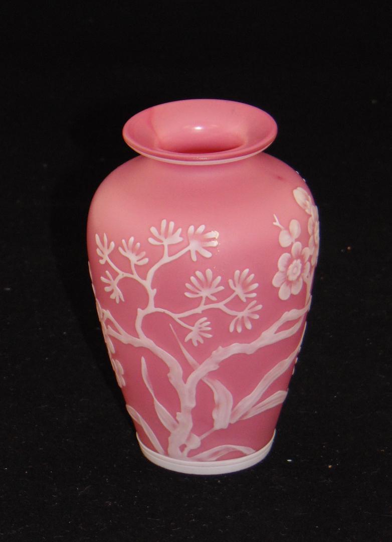 Stevens and Williams cameo glass vase: Stevens and Williams Rose du Berry glass vase, Shouldered form in pink glass decorated with a cameo branching gingko tree, 4 1/2" ht. Condition: good with no defects found.