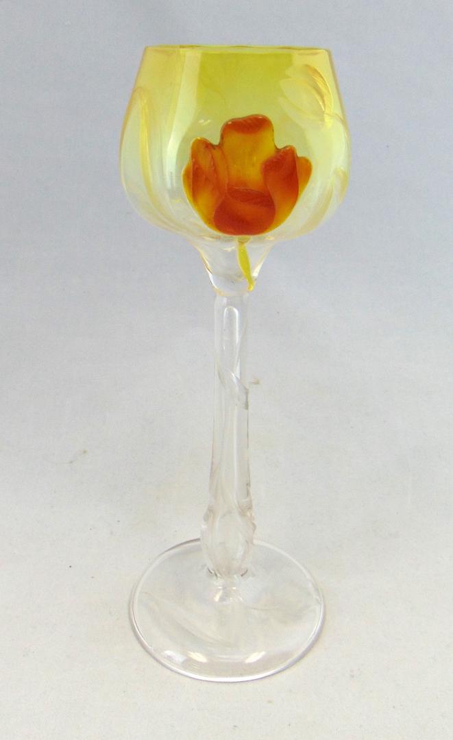 Moser marquetry glass goblet: Canary translucent goblet with cut flowers from the foot to the rim adorn with a marquetry red flower, 8 1/2' ht. Condition: good with no defects found