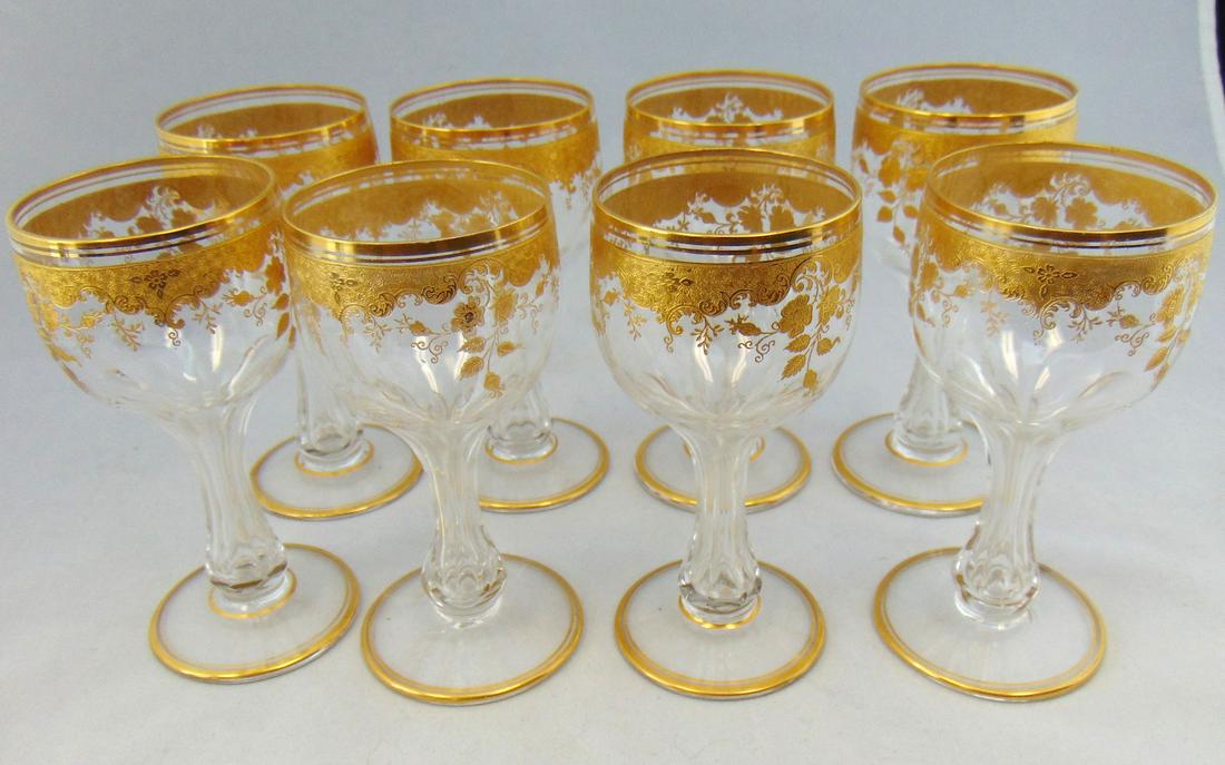 Set of 8 St. Louis lead crystal goblets: 8 translucent lead crystal goblets in a acid cut gilt Baroque floral pattern, 5" ht. Condition: good with no defects found.