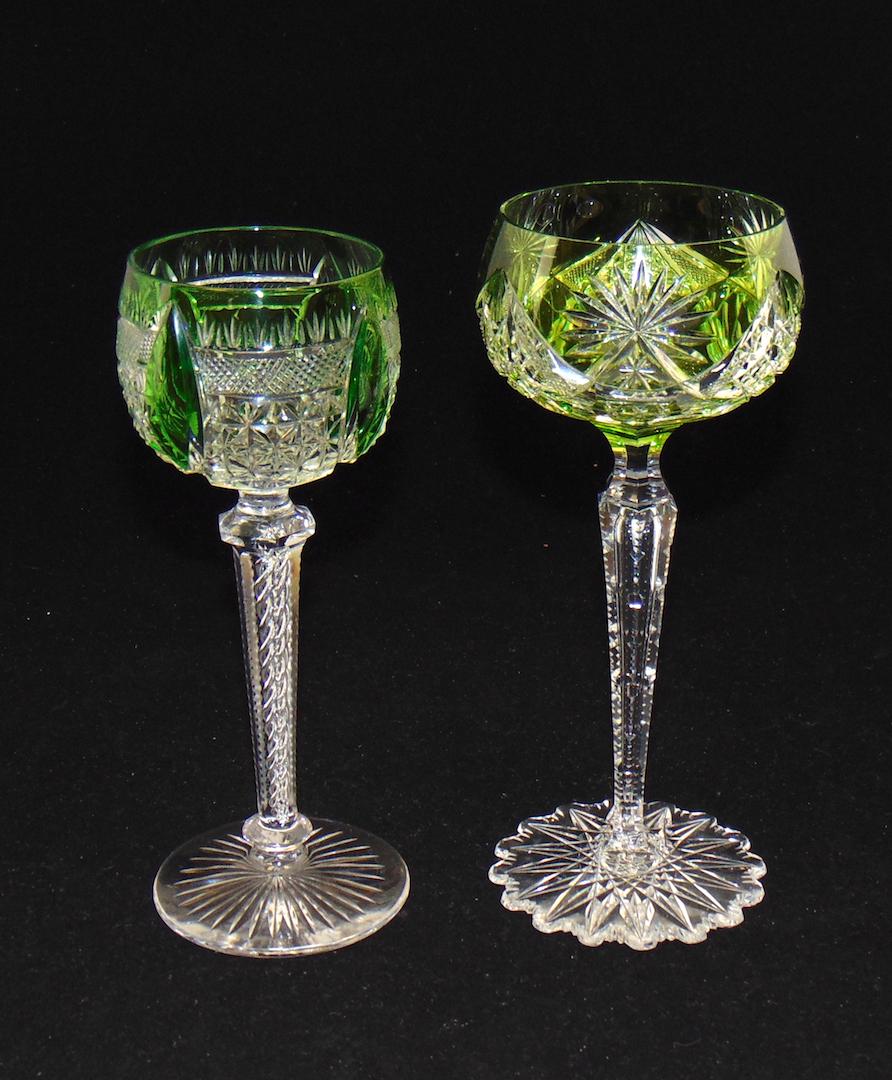 Two Val St Lambert Brilliant cut goblets: Two Val St Lambert green cut to clear goblets, one with a faceted stem one with a twist stem, 7 3/4' ht. Condition: good with no defects found.