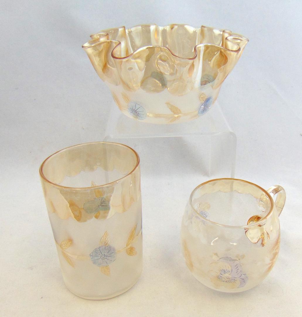 Three New England Pomona items: Including a first grind butter fly and rose punch cup, a first grind corn flower finger bowl and a second grind tumbler in the corn flower pattern. Tallest 4" ht. Condition: good with no defects found