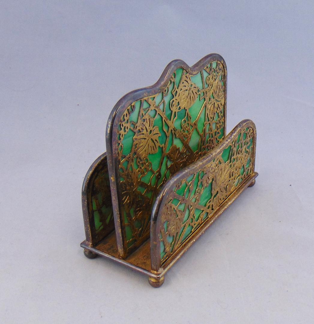 Tiffany three sectional note holder: Tiffany three sectional letter holder in a dore finish, signed Tiffany Studios New York 1019, 6" long by 5 1/2" ht. Condition: good with no defects found