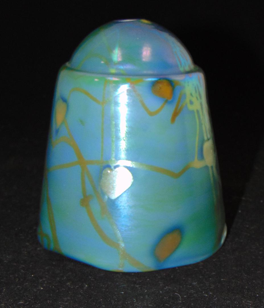 Steuben Blue Aurene glass shade: Dome form with a small fitted in Blue Aurene with a gold heart and vine dÃ©cor, has a hint of a Tyrian finish, 4 1/2" ht. LITERATURE: see Collection Art Nouveau Shades by Roberts page 56 number 232.
