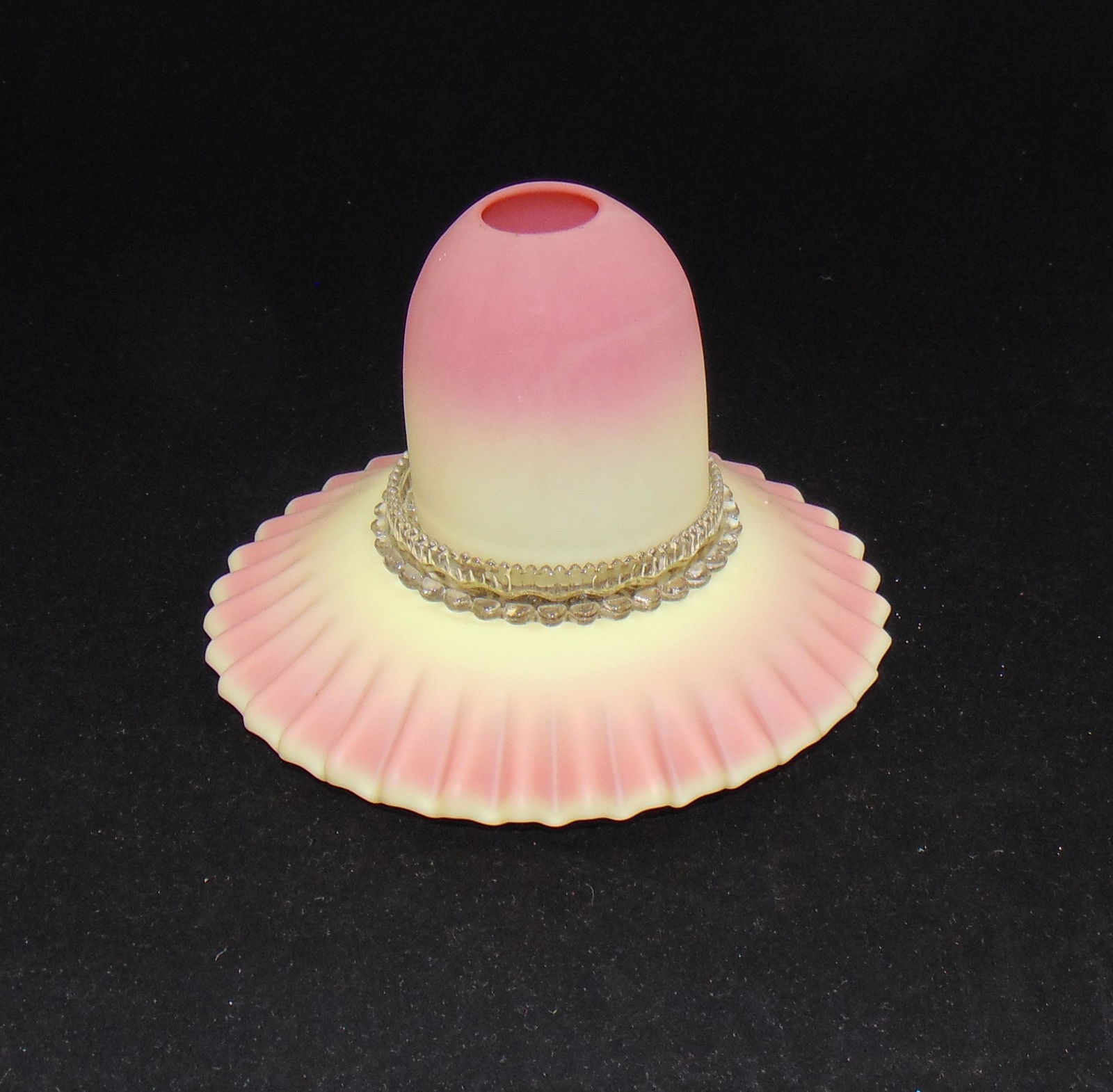 Webb Burmese fairy lamp: Scalloped rim base and dome shade separated with a marked clear Clarke insert, base signed Thomas Webb and sons, 6" ht. Condition: good with no defects found