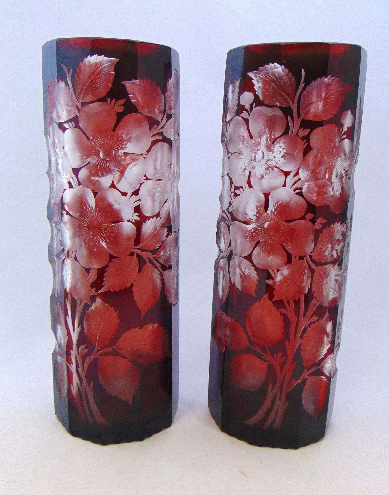 Pair of Ruby cut to clear glass vases (1 of 6)