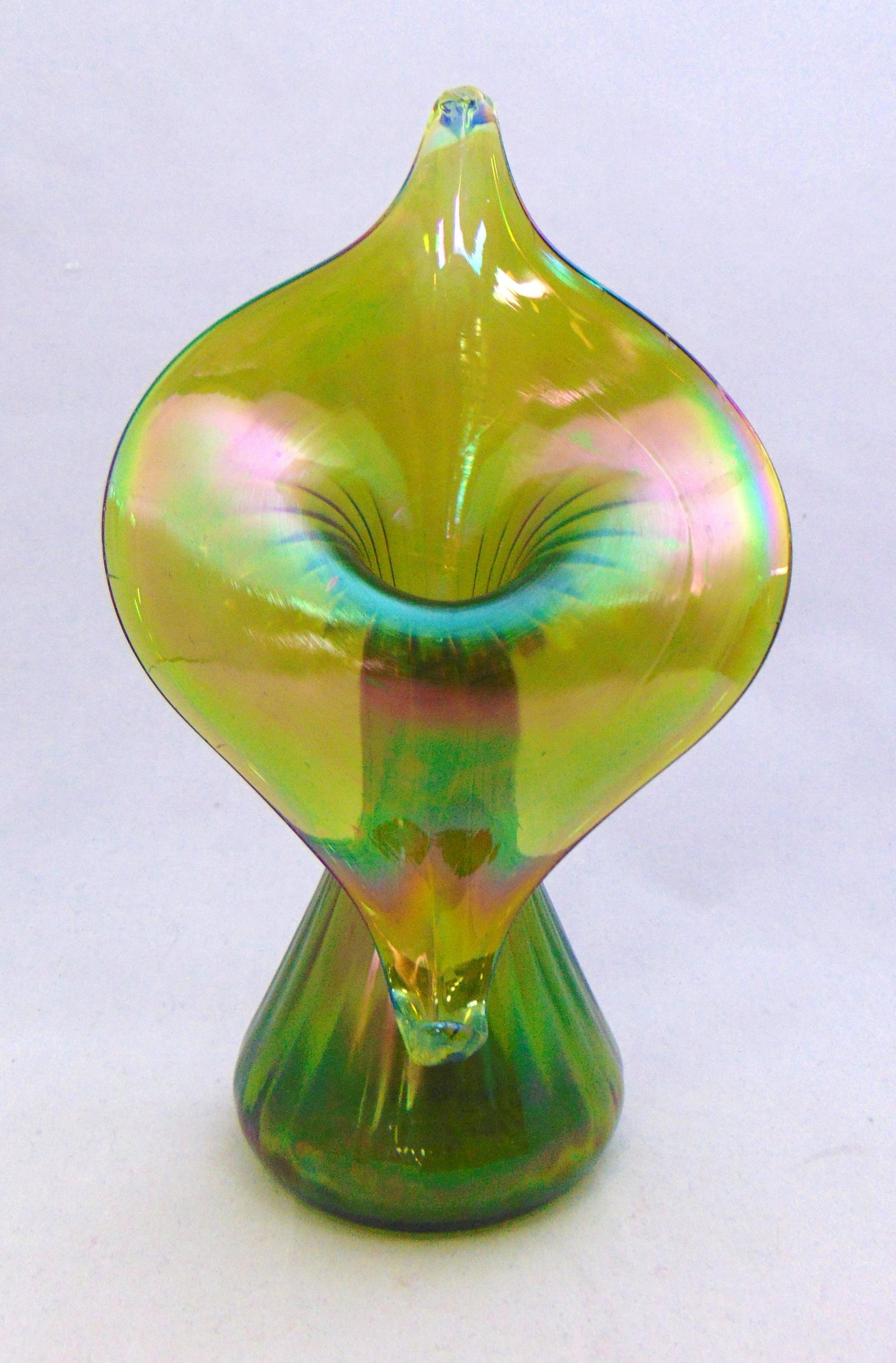 Bohemian Jack-in-the-Pulpit vase: Iridescent green Bohemian Jack-in-the-Pulpit vase with purple over tones, 7 1/2' ht. Condition: good with no defects found.