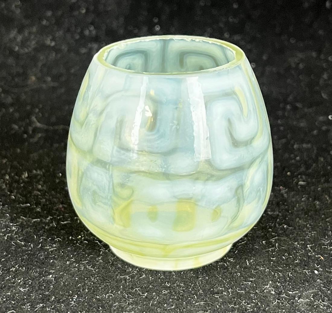 Double Greek Key toothpick: Nickel Plate Glass opalescent toothpick in the Double Greek Key pattern, 2" ht. Literature: Bredehofts/the Sanfords - Glass Toothpick Holders, Second Edition, p. 158. CONDITION: cut down