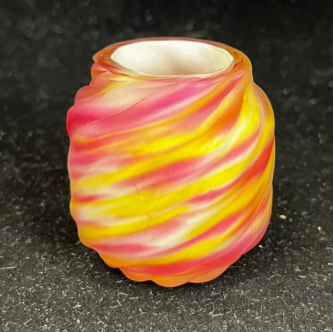 Northwood Rainbow Twist toothpick: Northwood cranberry and yellow toothpick in the Rainbow Twist pattern, 2 1/4" ht. Literature: Bredehofts/the Sanfords - Glass Toothpick Holders, Second Edition, p. 162. CONDITION: good with no defects