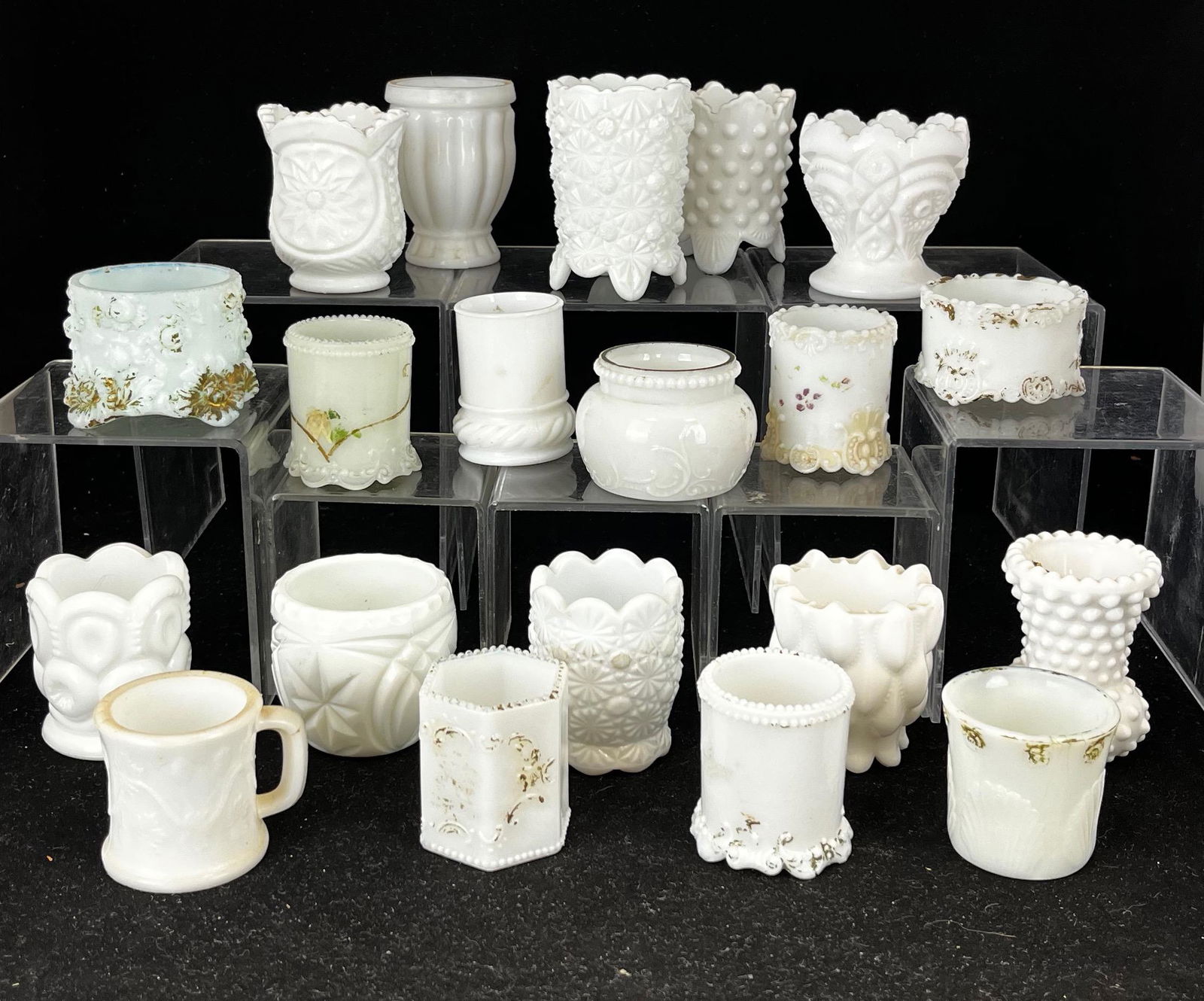 20 milk glass toothpick holders: 20 EAPG milk glass toothpicks various shapes and makers,