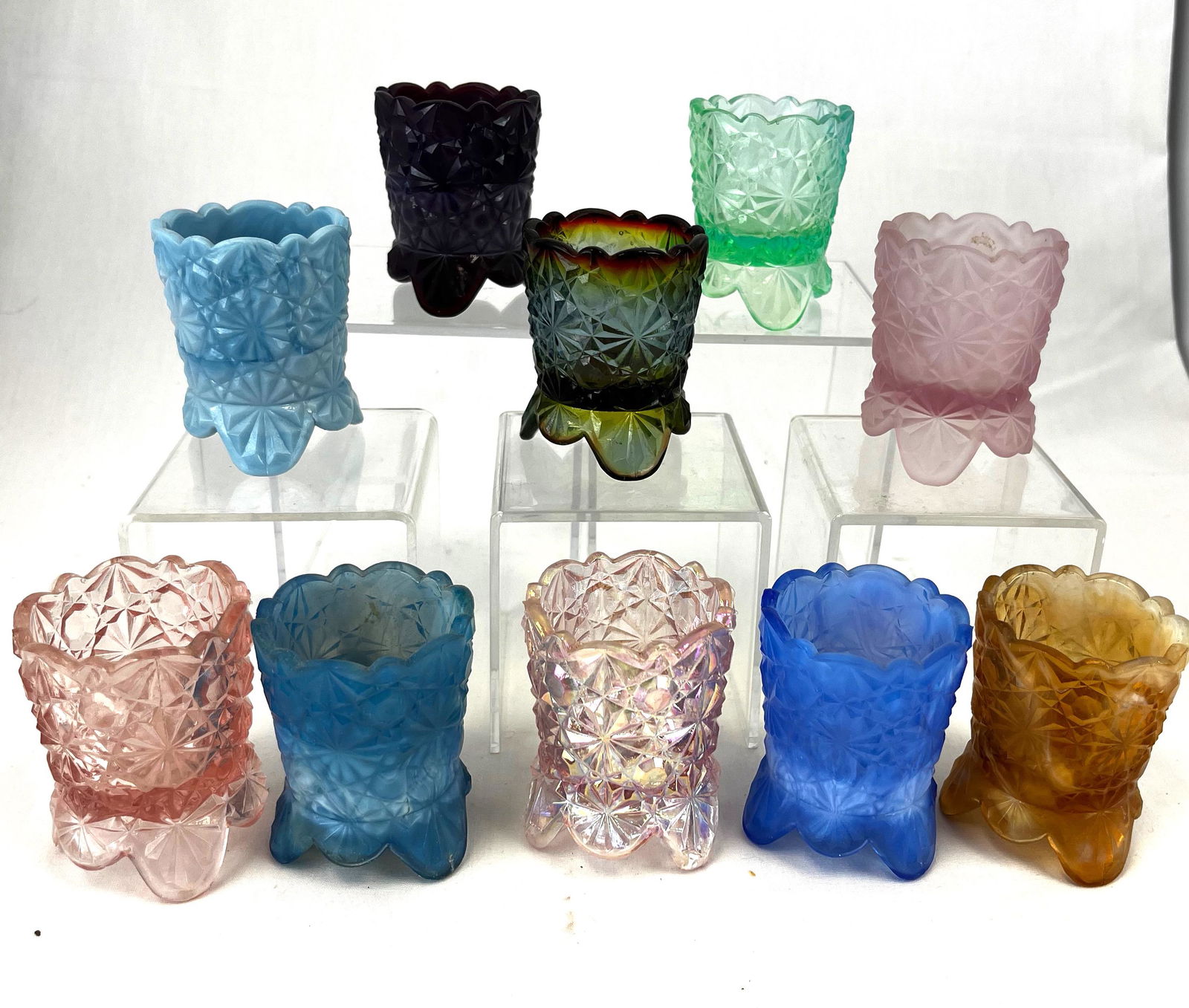 Ten Daisy and Button toothpick holders: Ten contemporary Daisy and Button Toothpick holders from Boyd, Degenhart, Wright and more, various colors including Vaseline. Condition: good, with minor wear