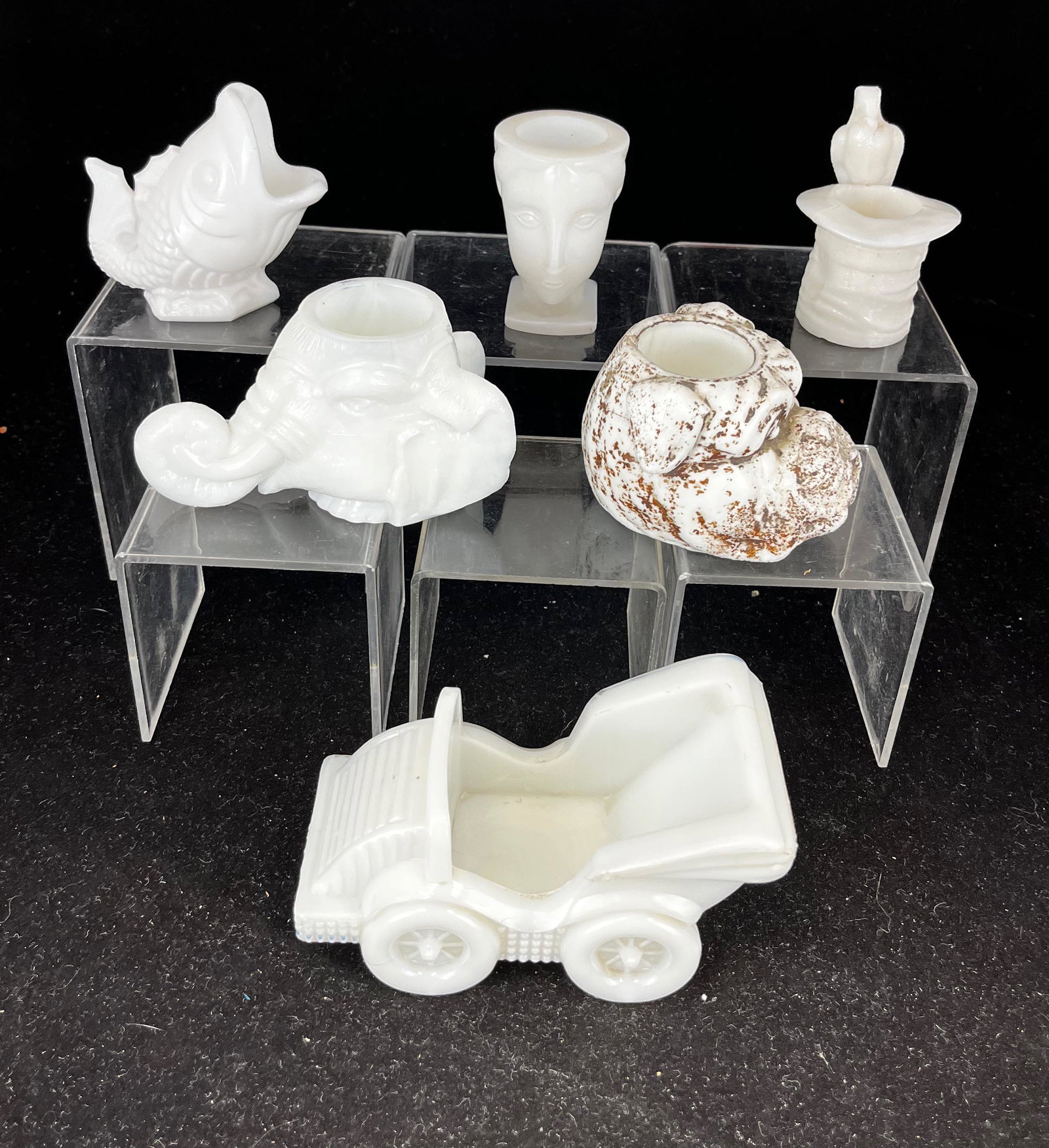 Group of Milk Glass figural toothpicks: Group of Milk Glass Novelty toothpicks including a car, Hungry Fish, Parrot and top hat, stained bulldog, Egyptian head and a Elephant, various dates and manufacturers, tallest 2 3/4" ht. CONDITION: g