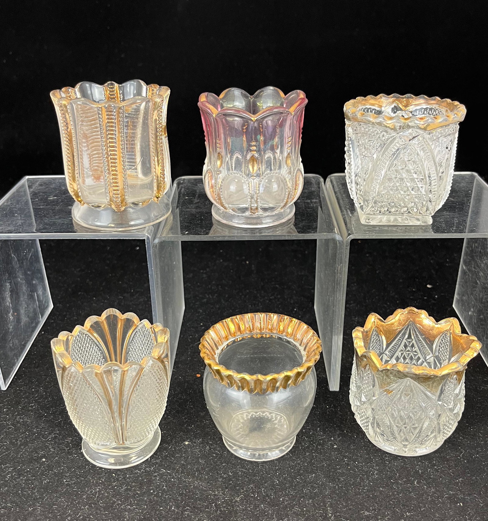 Six glass State toothpicks: Six glass State toothpicks including Iowa, Kentucky, Massachusetts, Michigan, Nevada, and Pennsylvania, all with staining; tallest 2 5/8". Literature: Bredehofts/the Sanfords - Glass Toothpick Holders