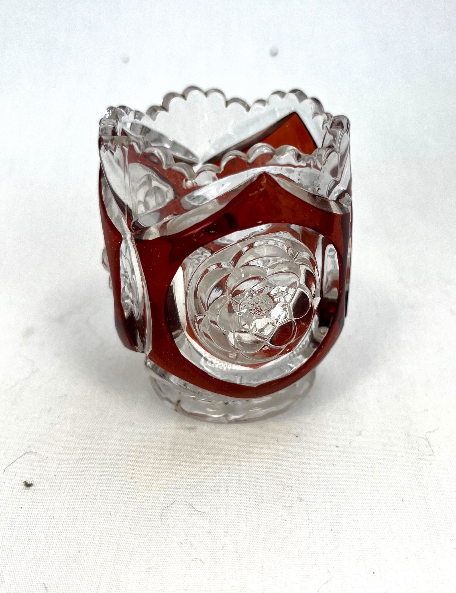 Duncan Block & Rosette toothpick: Duncan Block & Rosette toothpick holder; 2 3/8" ht. Literature: Bredehofts/the Sanfords - Glass Toothpick Holders, Second Edition, p. 64. CONDITION: good with minor wear.