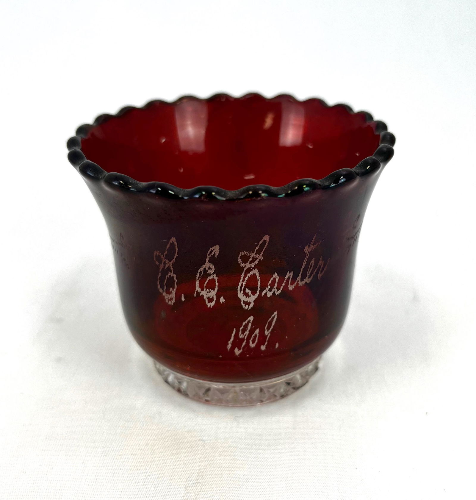 Connecticut ruby stain toothpick: Clear with ruby stain Connecticut toothpick holder; 2 3/8" ht. Literature: Bredehofts/the Sanfords - Glass Toothpick Holders, Second Edition, p. 192. CONDITION: good with no defects found.