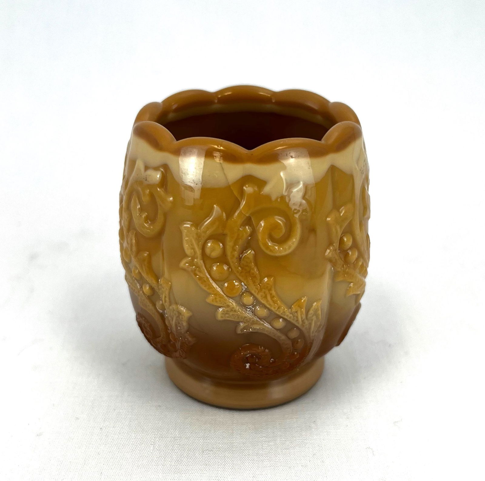 Greentown toothpick holder: Greentown Chrysanthemum Leaf in chocolate; 2 3/8" ht. Literature: Bredehofts/the Sanfords - Glass Toothpick Holders, Second Edition, p. 153. CONDITION: crack to rim