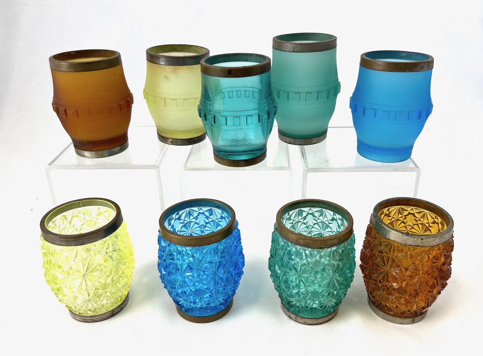 Nine EAPG Hub toothpicks: Nine EAPG Hub toothpick holders four in Daisy & Button in Amber, blue canary, and green and four basic pattern canary satin, amber satin, green satin, and blue satin, one clear blue, unknown maker; ta