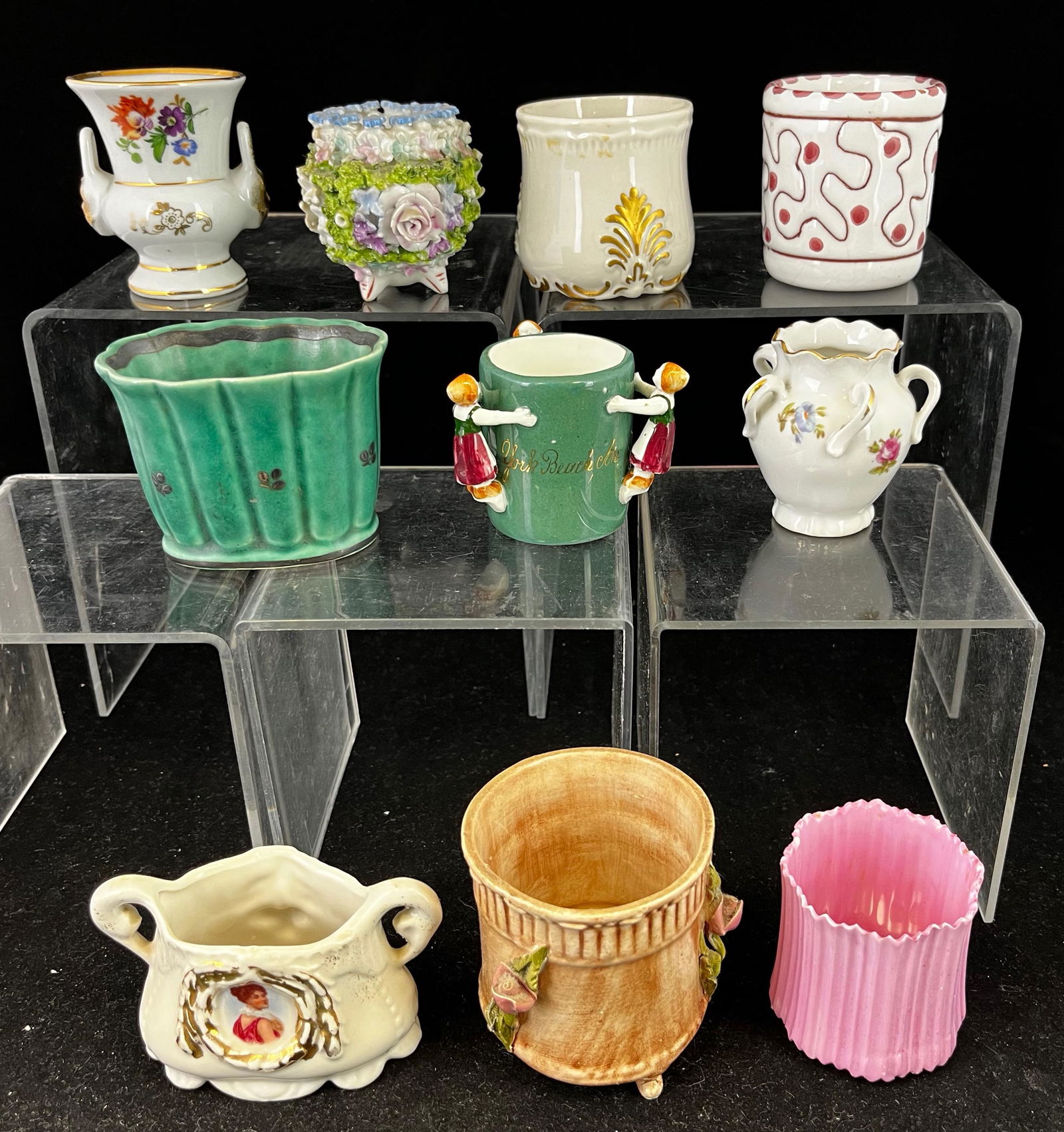 10 European toothpicks: 10 European toothpick holders including Gustavsberg Argenta; tallest 2.5". CONDITION: very small crack on inside rim of the Gustavsberg, others with minor wear.