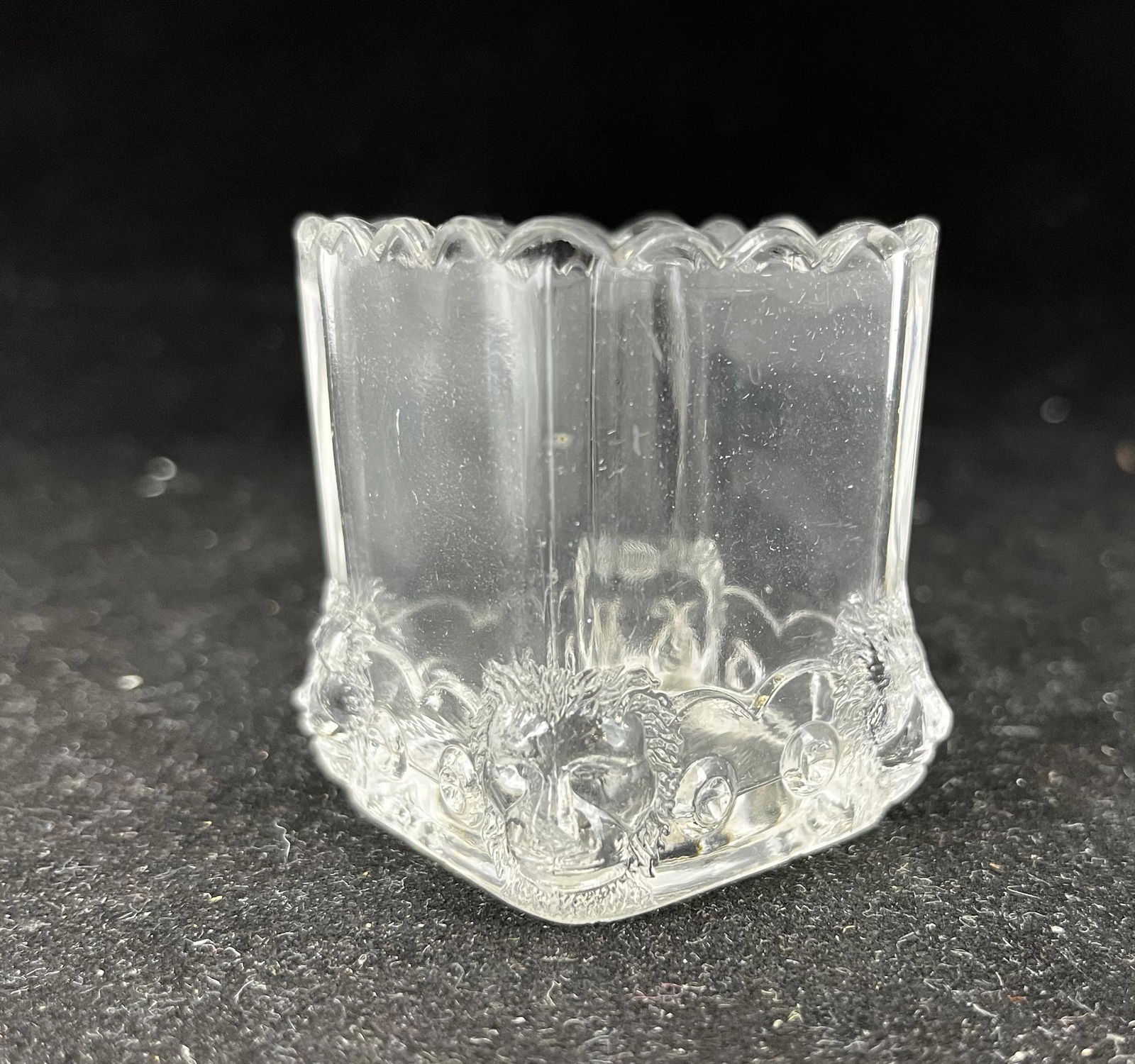 Fostoria Lion (Atlanta) toothpick: Clear Fostoria Lion (Atlanta) toothpick holder; 2" ht. CONDITION: good with minor wear