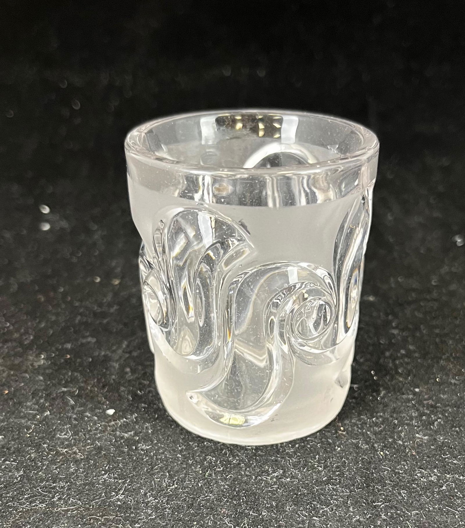 Fostoria Victoria toothpick holder: Fostoria Victoria clear with satin finish toothpick holder; 2 3/8" ht. Literature: Bredehofts/the Sanfords - Glass Toothpick Holders, Second Edition, p. 86. CONDITION: overall good with some small fla